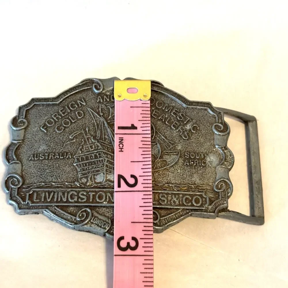 Vintage Circa 70s Pewter Livingston Wells & Co Gold Dealers Belt Buckle